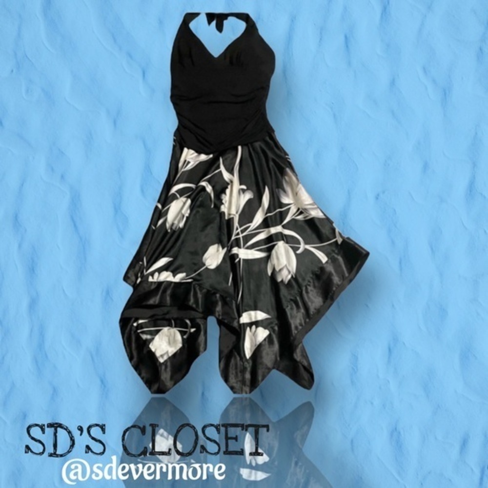 Charlotte Russe Halter Handkerchief Dress Black Flowers Silky Material EUC